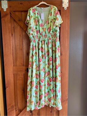 Baltic Born Mint Green Floral V-Neck Smocked Waist Dress